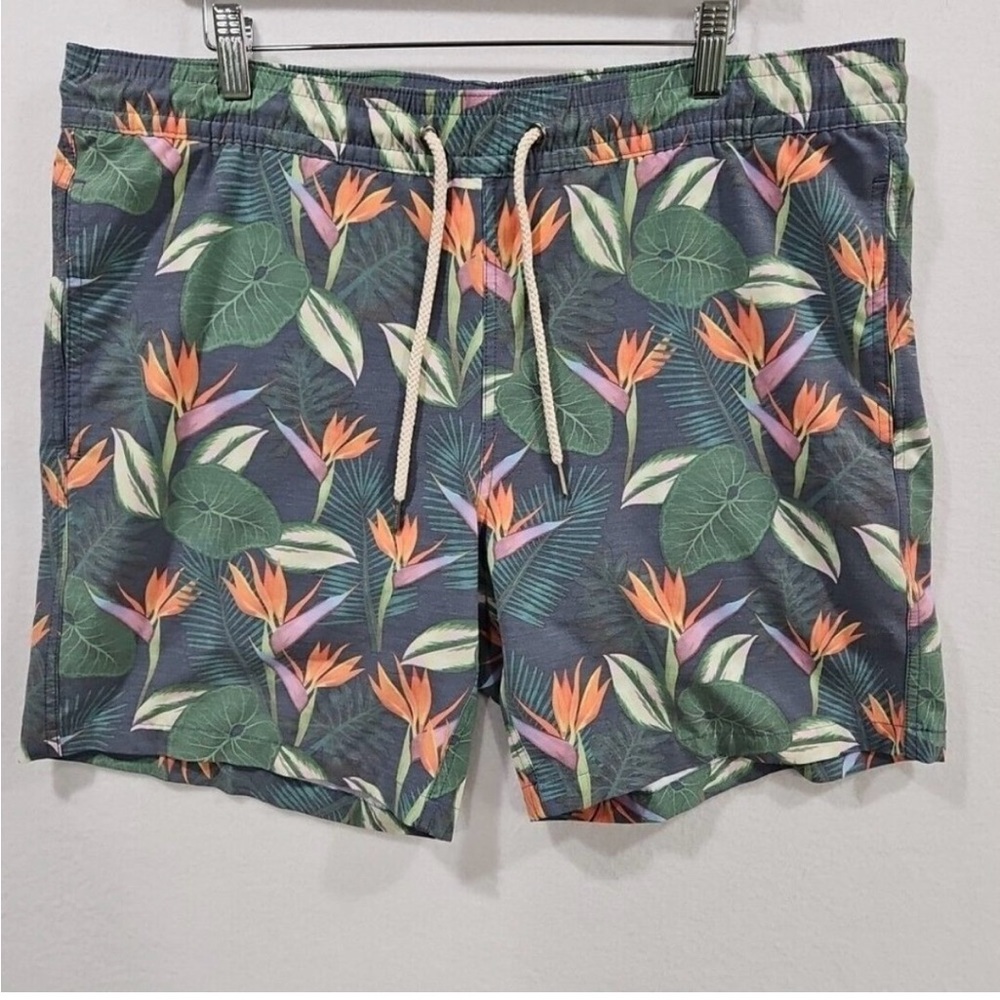 Fair Harbor Board Shorts Mens Large Blue Lined Leaf Tropical Beach Swim Trunks